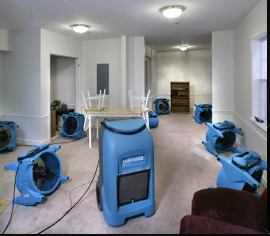 Air movers and dehumidifier setup for Water Extraction & Removal in Belleville